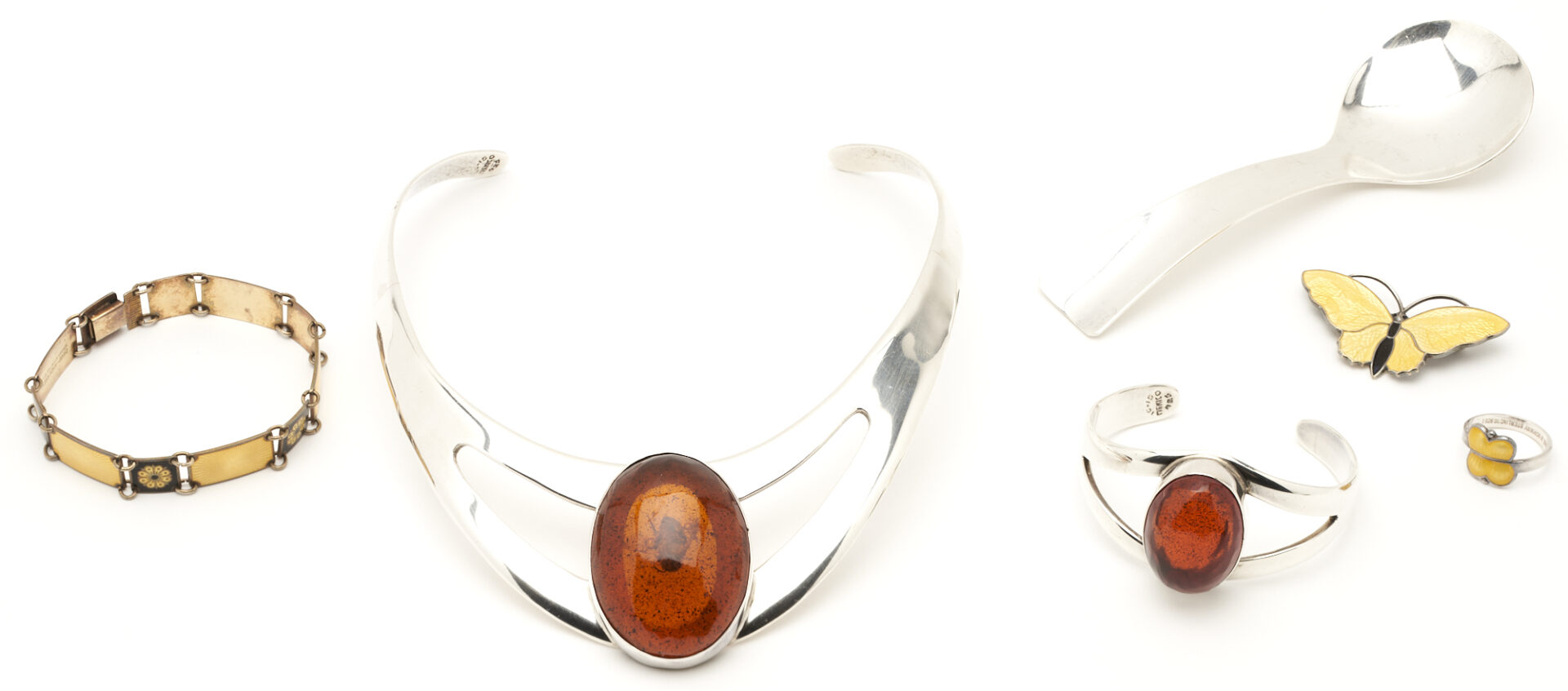 Lot 763: 6 pcs. Ass. Sterling Silver, incl. David-Andersen Enameled & Mexican Baltic Amber Jewelry