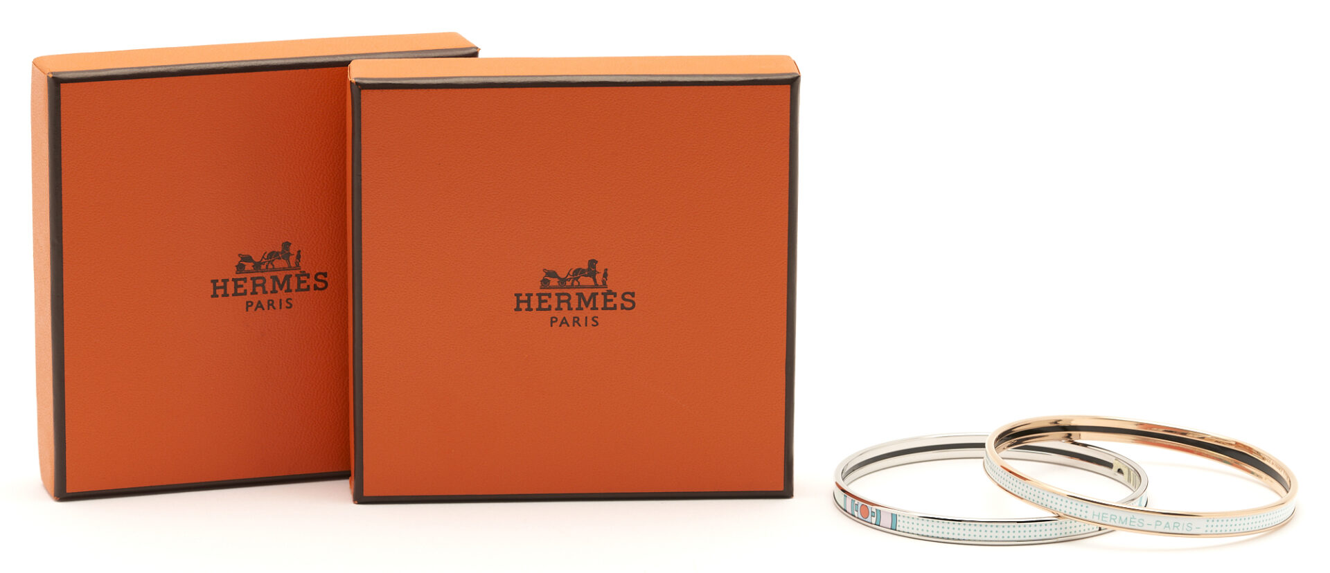 Lot 772: 2 Hermes Thin Enamel Bangles & 2 Clic H bracelets, 4 total items