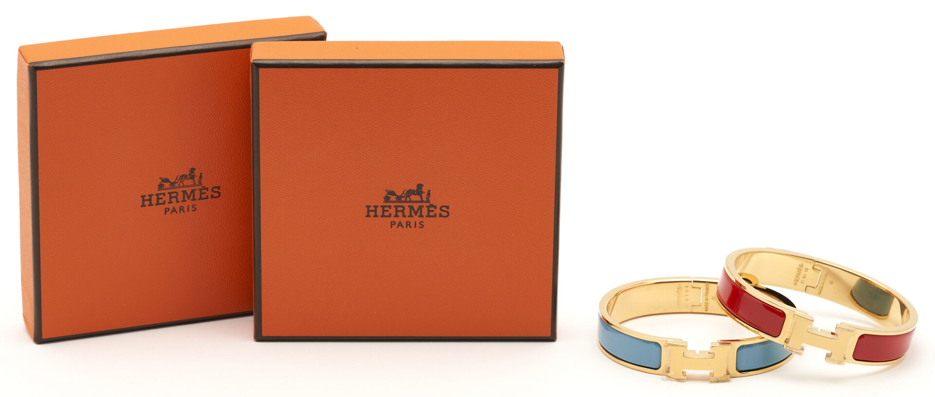 Lot 772: 2 Hermes Thin Enamel Bangles & 2 Clic H bracelets, 4 total items