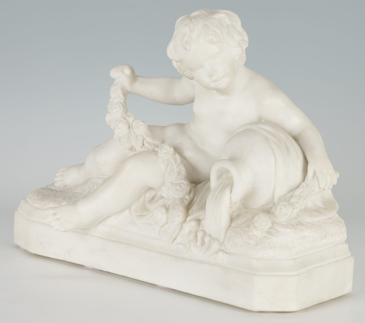 Lot 9: Continental Marble Sculpture, Putto w/ Flowing Urn