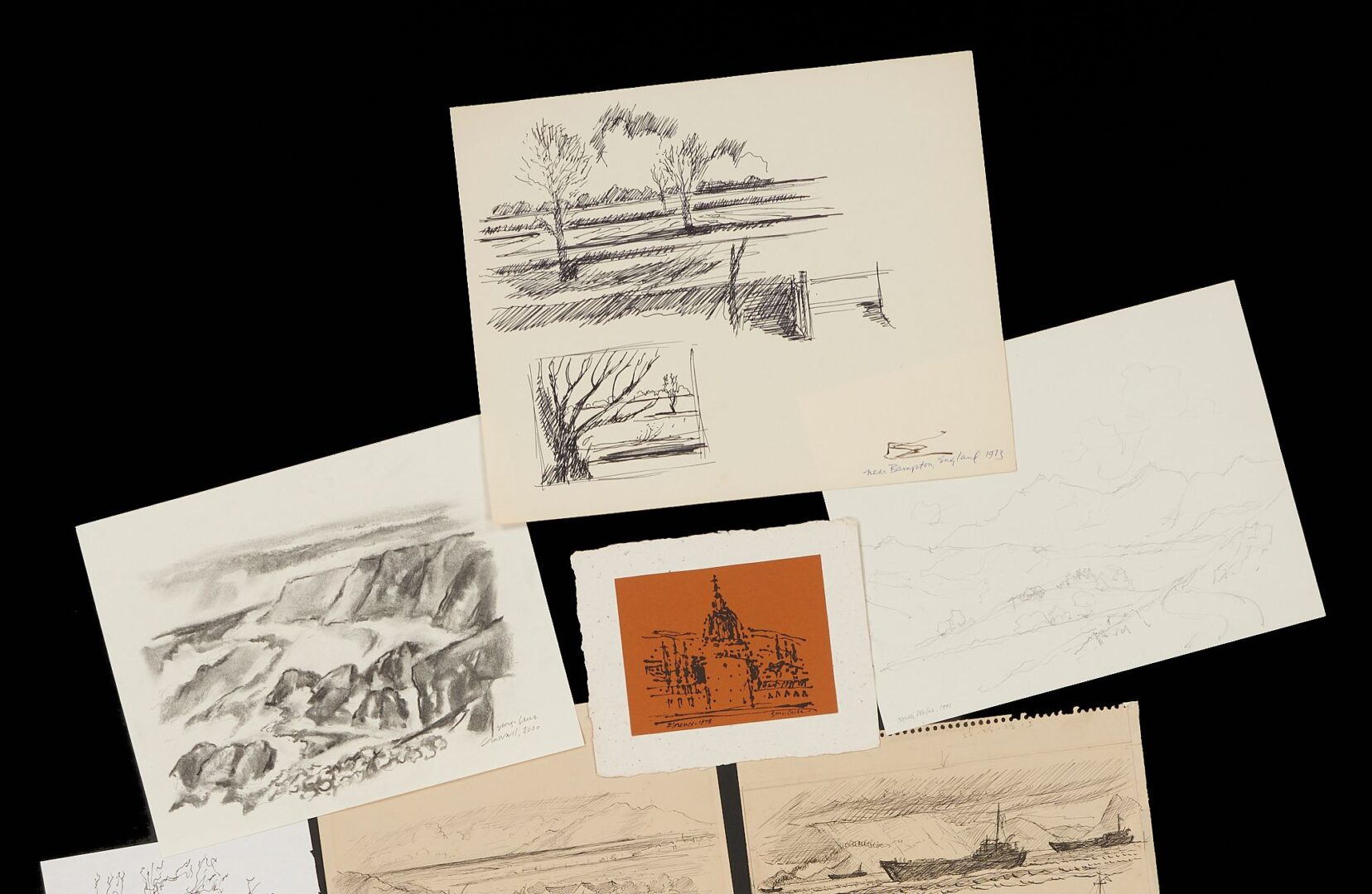 Lot 1015: 10 George Cress European Landscape Sketches, plus Postcard