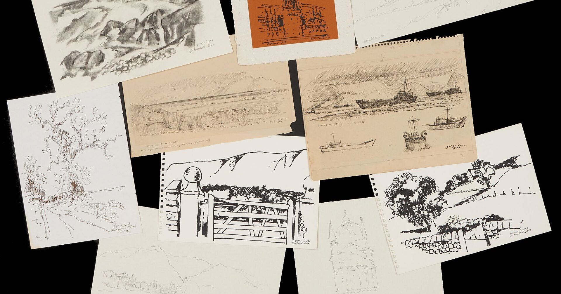 Lot 1015: 10 George Cress European Landscape Sketches, plus Postcard