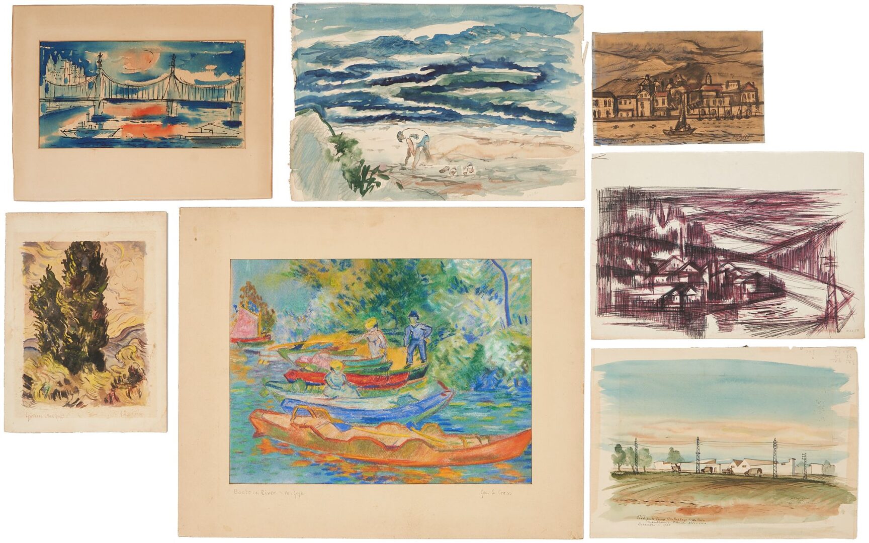 Lot 1016: 7 George Cress W/C Paintings incl. Van Gogh & Italy, Morocco