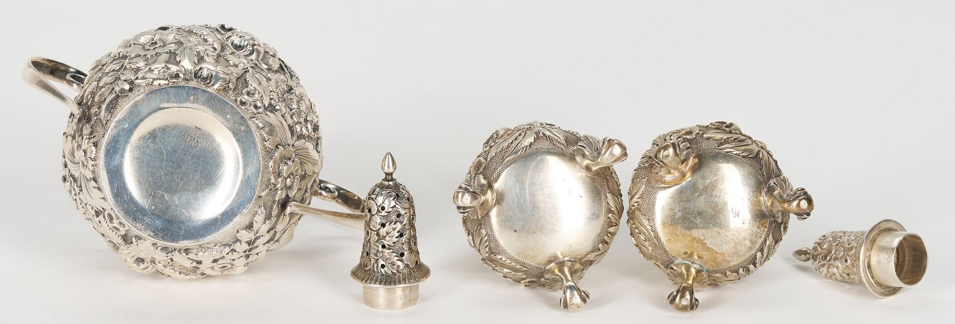 Lot 1070: 7 Items incl. Sterling Repousse Shakers, Snuff or Pill Boxes