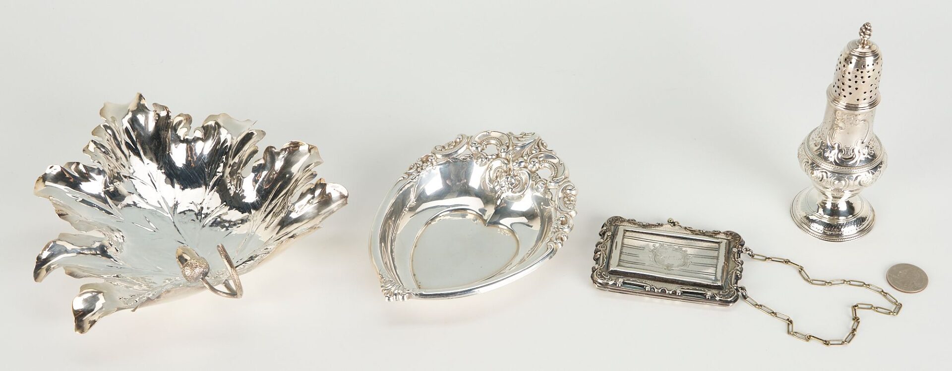 Lot 1074: Silver Leaf & Heart Dishes, Caster, & Card Case