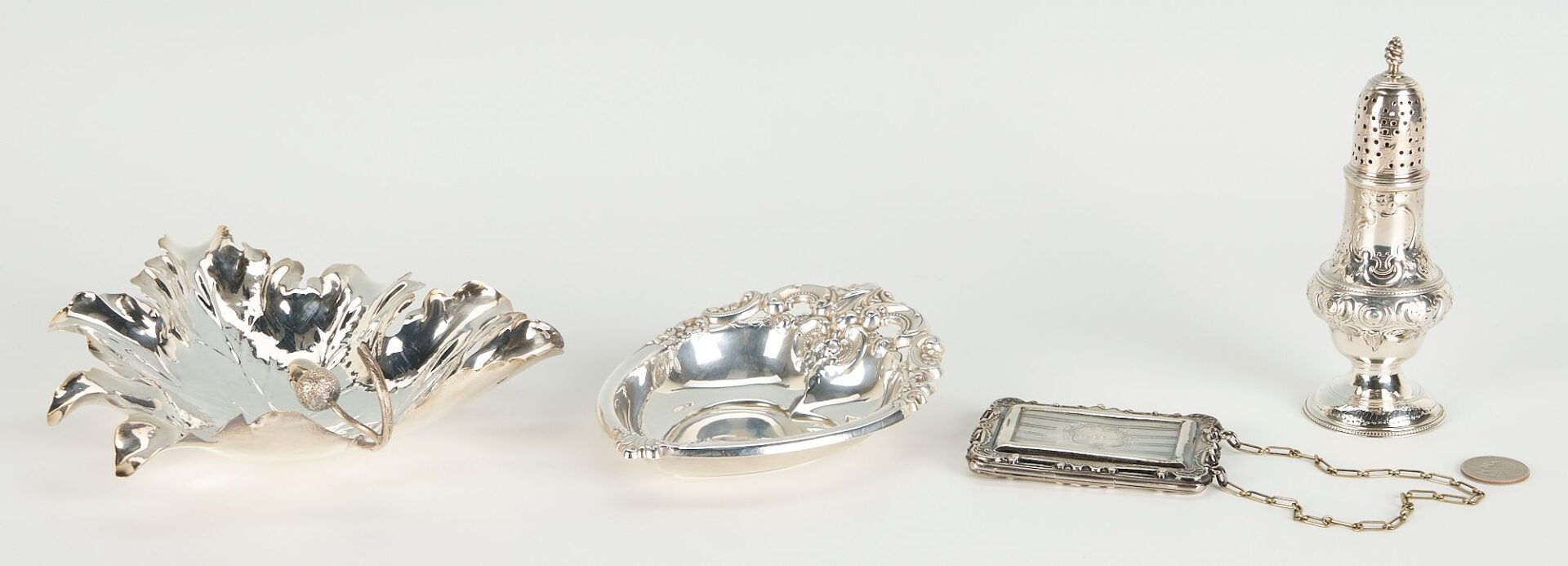 Lot 1074: Silver Leaf & Heart Dishes, Caster, & Card Case