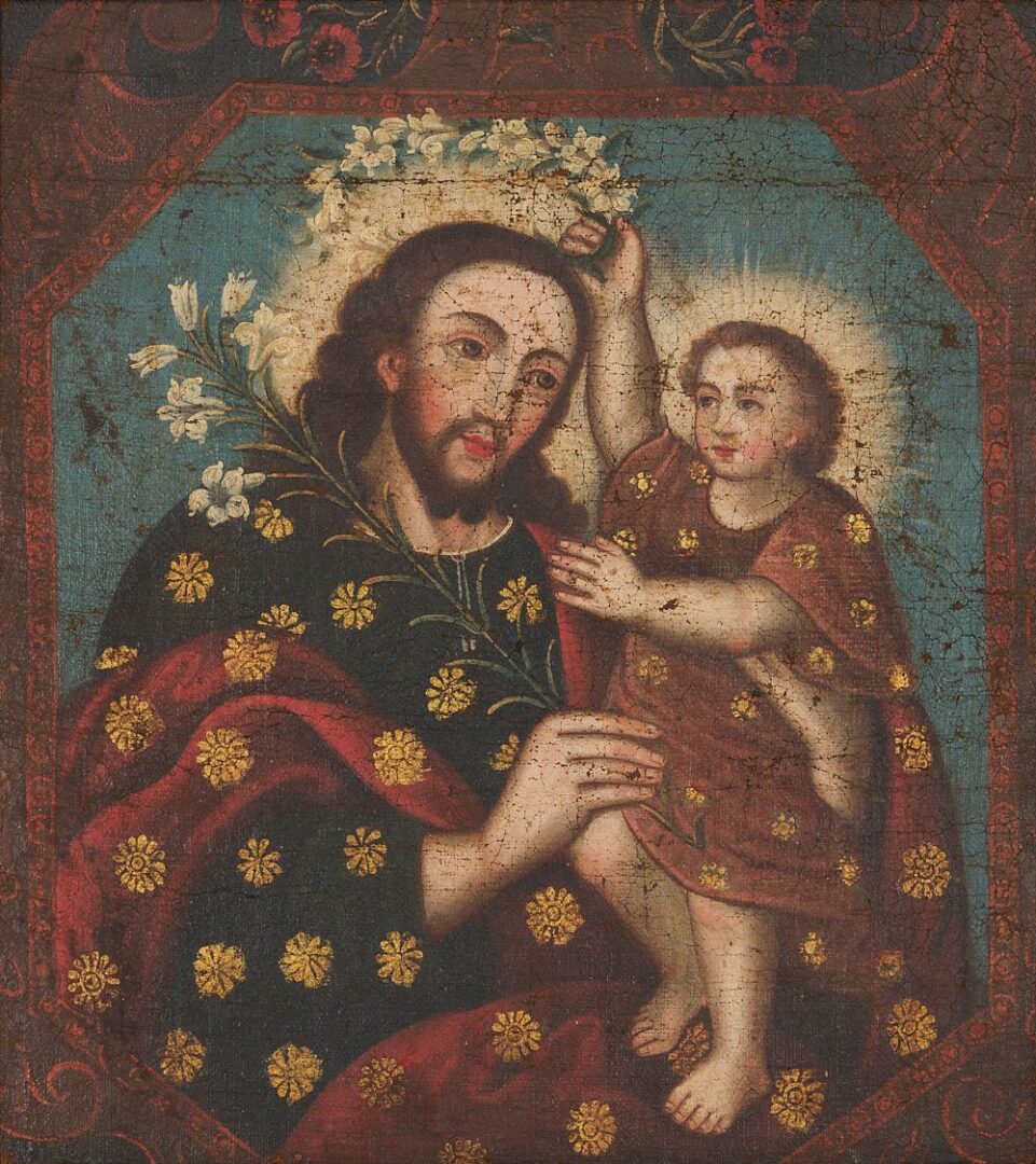 Lot 108: Spanish Colonial, Cuzco School Painting of St. Joseph & Jesus Christ Child