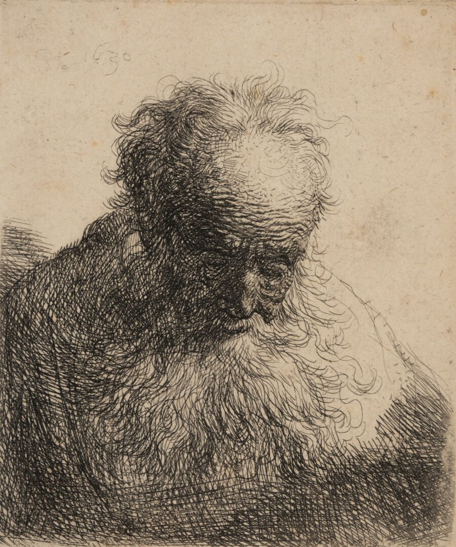 Lot 113: Rare Rembrandt Etching, Bust of an Old Man w/ a Flowing Beard: Head Bowed Forward