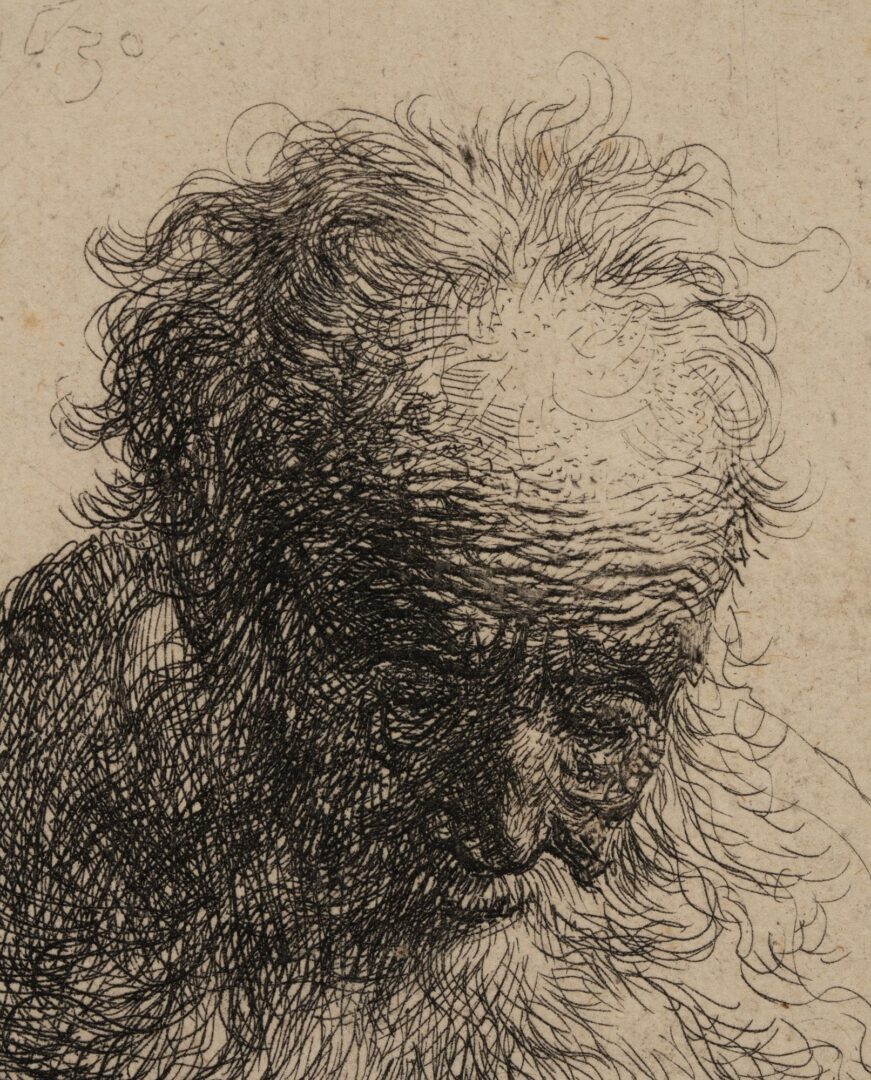 Lot 113: Rare Rembrandt Etching, Bust of an Old Man w/ a Flowing Beard: Head Bowed Forward