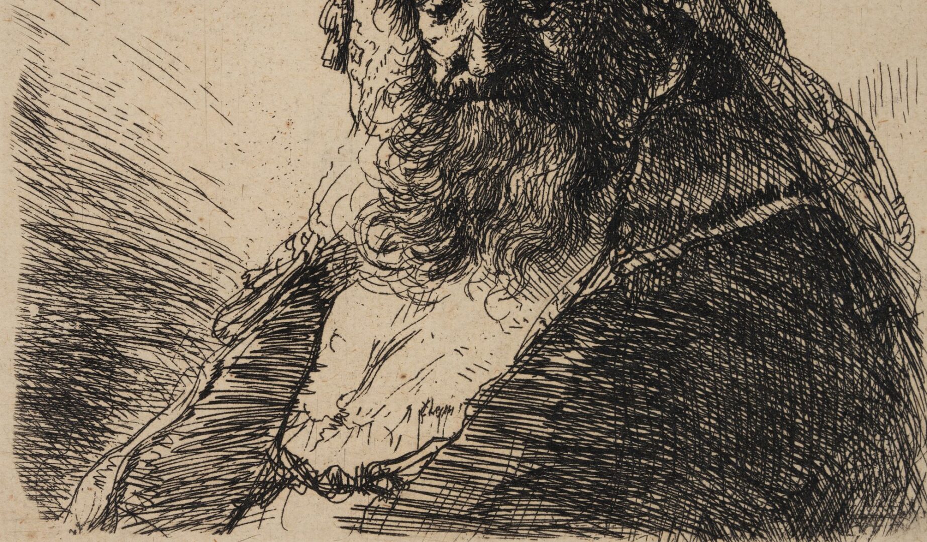 Lot 116: Rembrandt Etching, Old Bearded Man in a High Fur Cap, with Eyes Closed