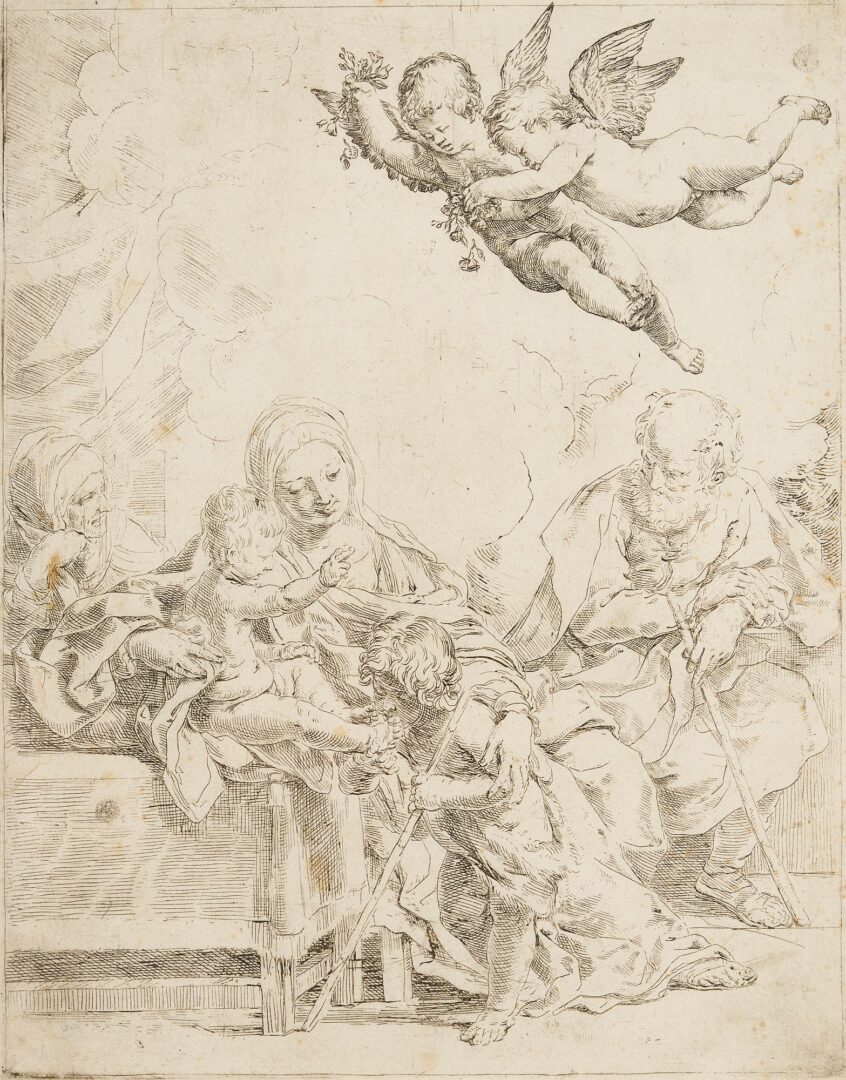 Lot 118: Rare Guido Reni Etching, Holy Family with Joseph and Elisabeth