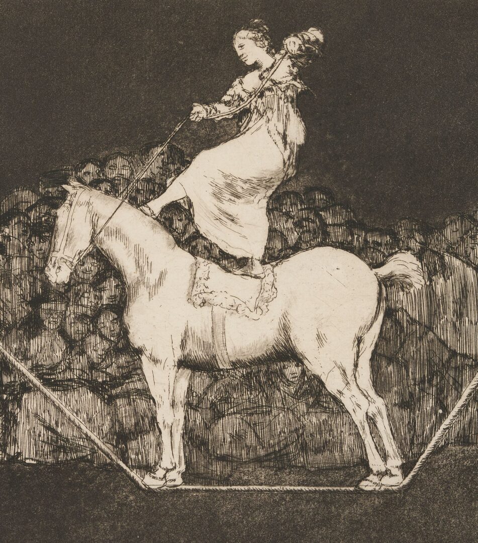 Lot 120: 2 Goya Etchings from Los Proverbios, Lluivia de Toros & Una Reina del Circo