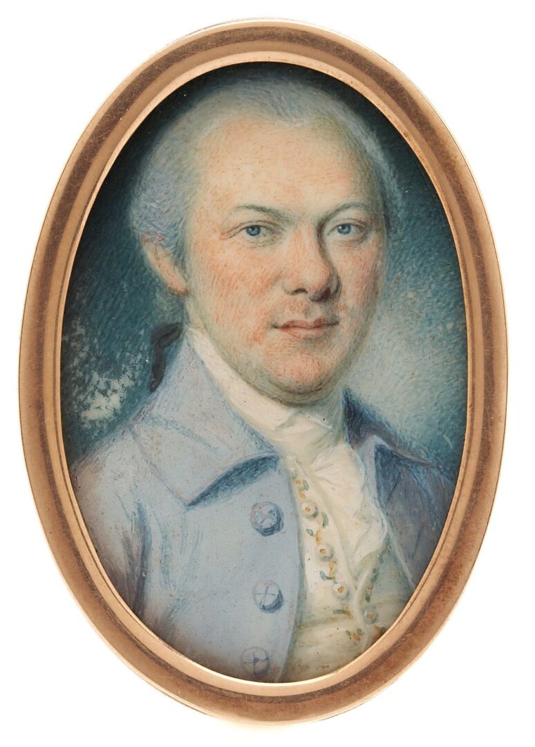 Lot 124: Documented Charles Willson Peale Watercolor Portrait Miniature, David McMechen, c. 1775
