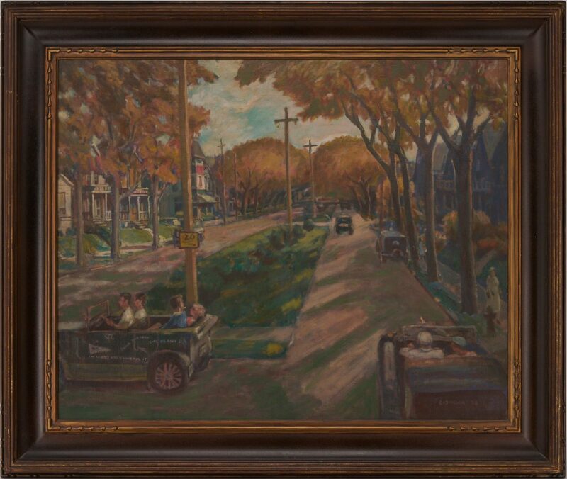 Lot 136: Large Gerrit V. Sinclair Regionalist Oil Painting, Youth of the Town