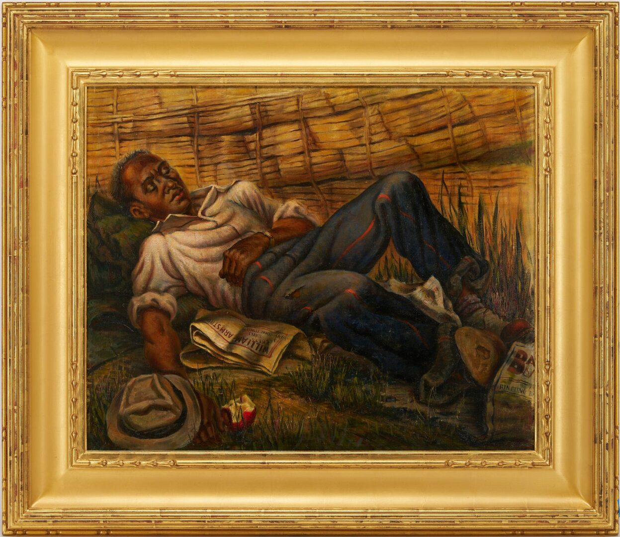 Lot 138: Jean Hogan O/B Regionalist Genre Painting, Sleeping Man
