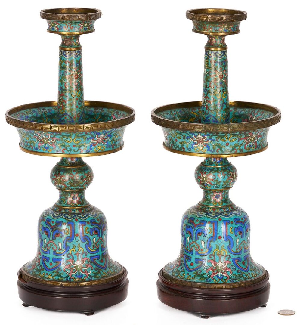 Lot 13: Pair Chinese Qing Cloisonne Candlesticks
