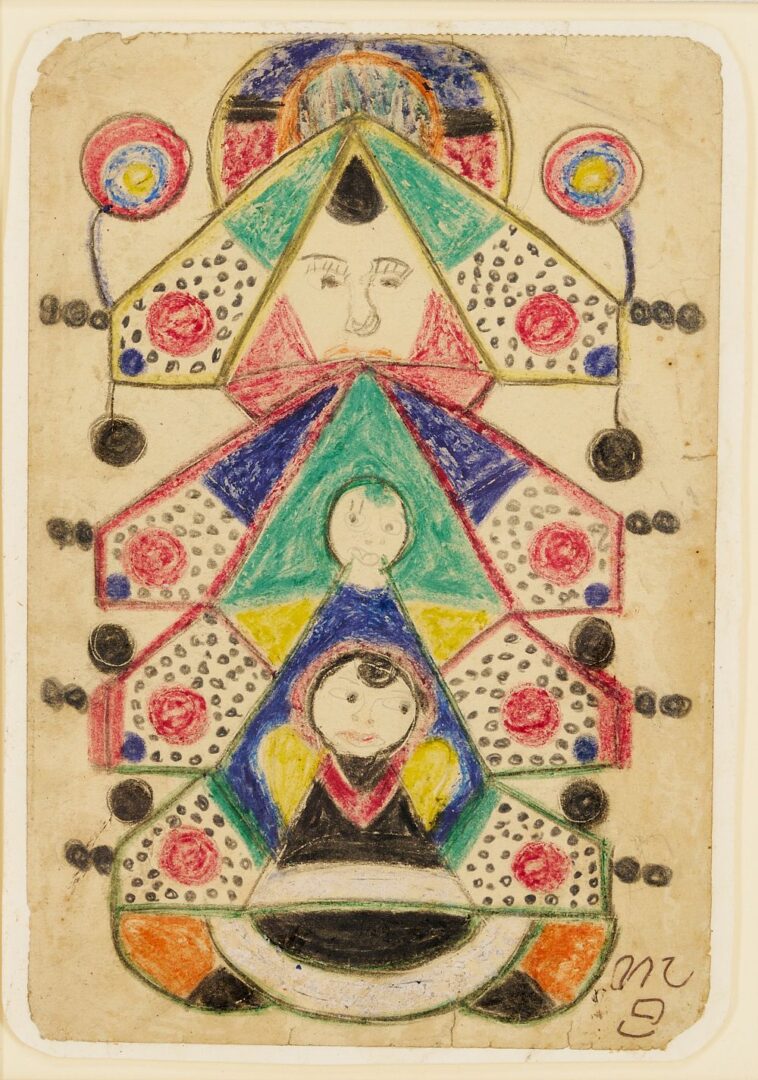 Lot 149: Minnie Evans Drawing, Three Hieratic Heads