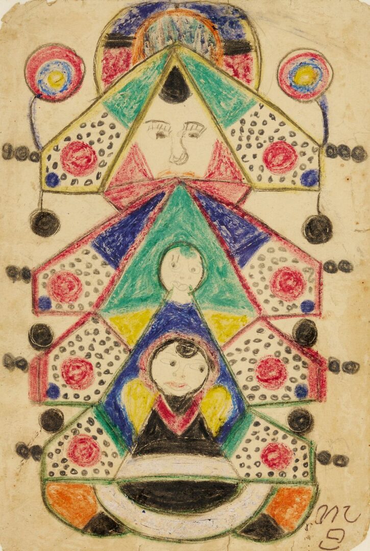 Lot 149: Minnie Evans Drawing, Three Hieratic Heads