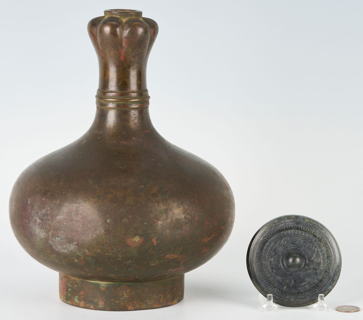 Lot 14: Chinese Bronze Garlic Neck Vase & Bronze Mirror, 2 items