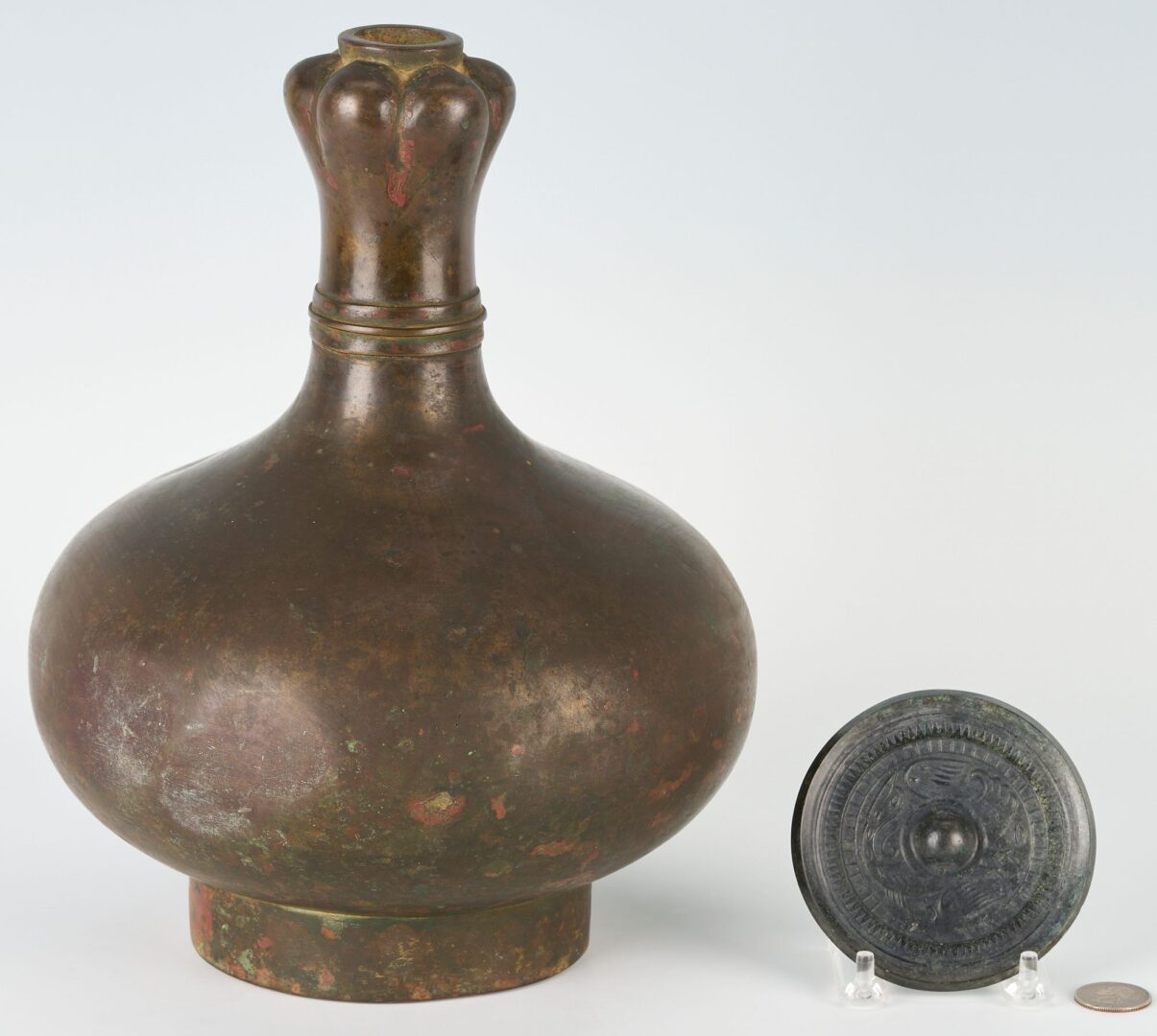 Lot 14: Chinese Bronze Garlic Neck Vase & Bronze Mirror, 2 items