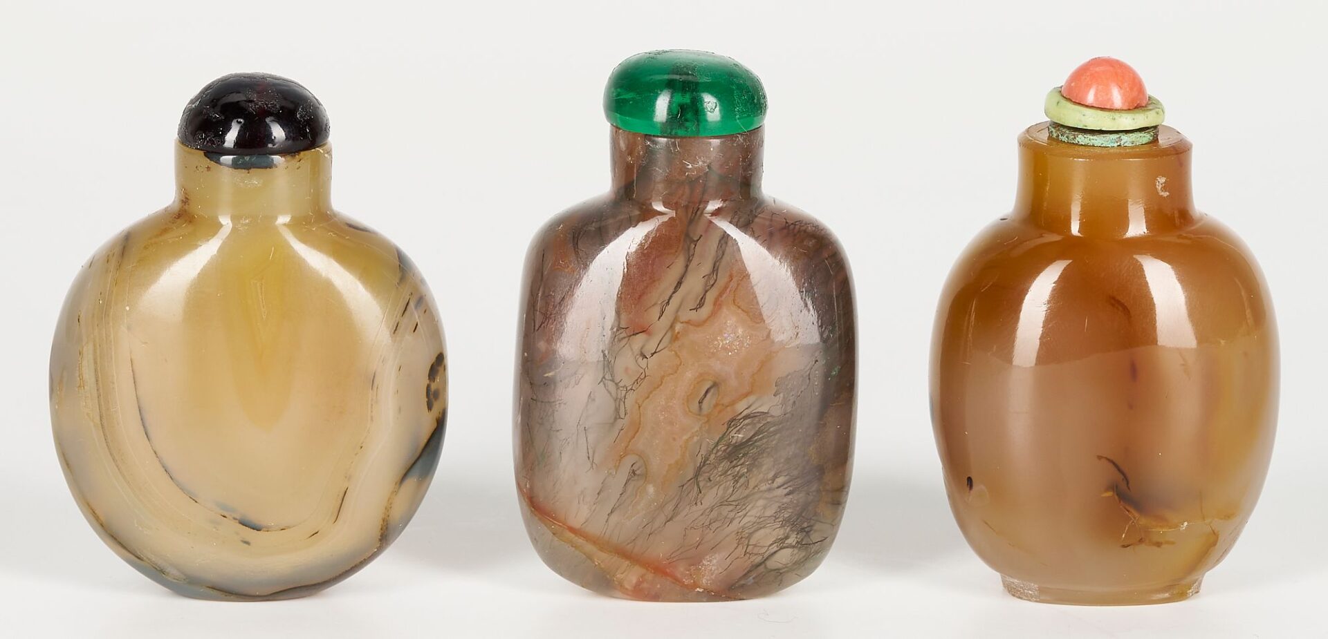 Lot 18: 3 Chinese Carved Moss Agate Snuff Bottles