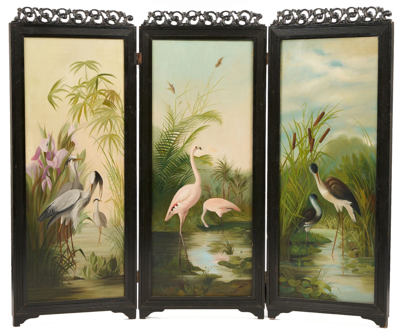 Lot 245: Aesthetic Movement Style 3-Panel O/C Floor Screen, Marsh Birds