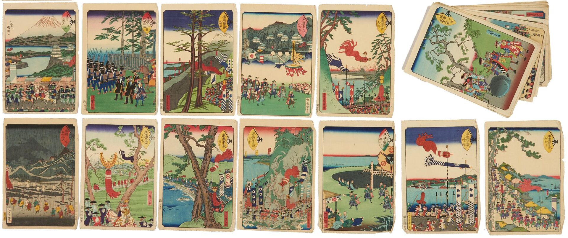 Lot 24: Rare Yoshitoshi Japanese Woodblock Print Album, Fan Tokaido, 1865
