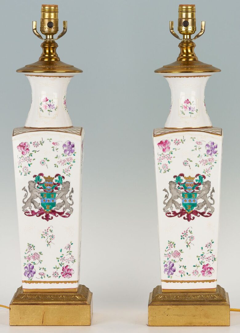 Lot 264: Pair of Chinese Style Armorial Porcelain Lamps