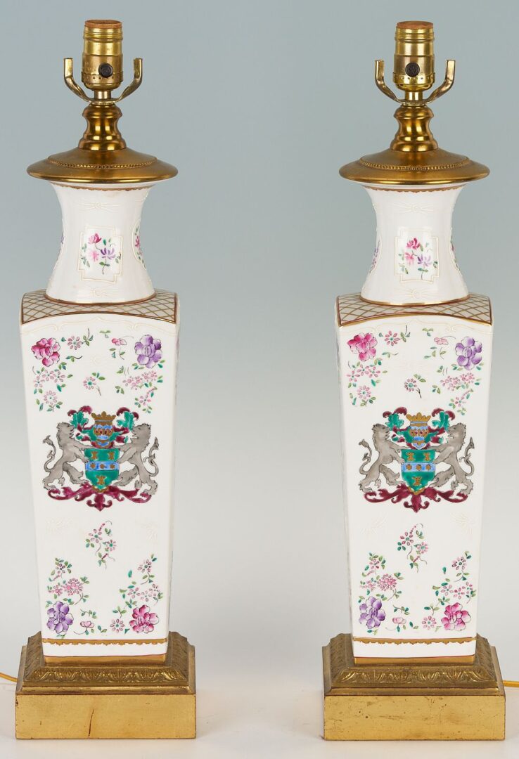 Lot 264: Pair of Chinese Style Armorial Porcelain Lamps