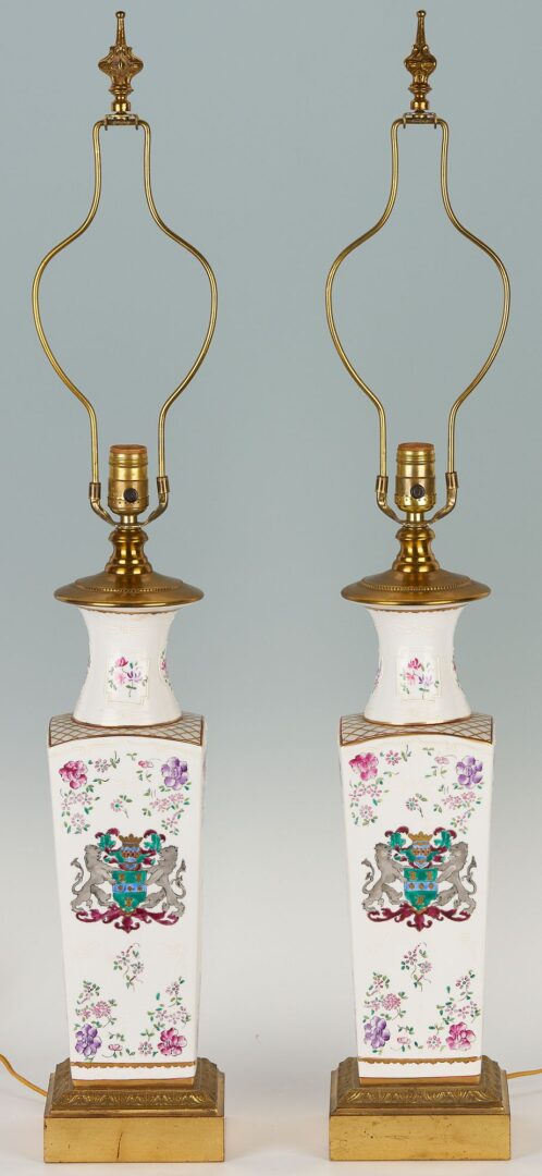 Lot 264: Pair of Chinese Style Armorial Porcelain Lamps