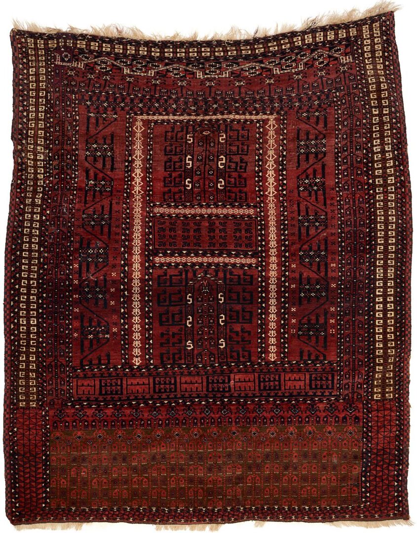 Lot 278: Antique Saryk Turkoman Ensi Prayer Rug, 6' x 5'