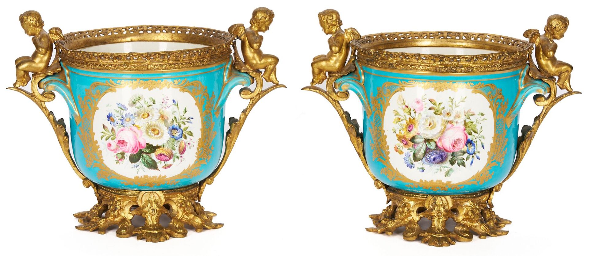 Lot 286: Pair of Sevres Style Porcelain & Ormolu Cachepots