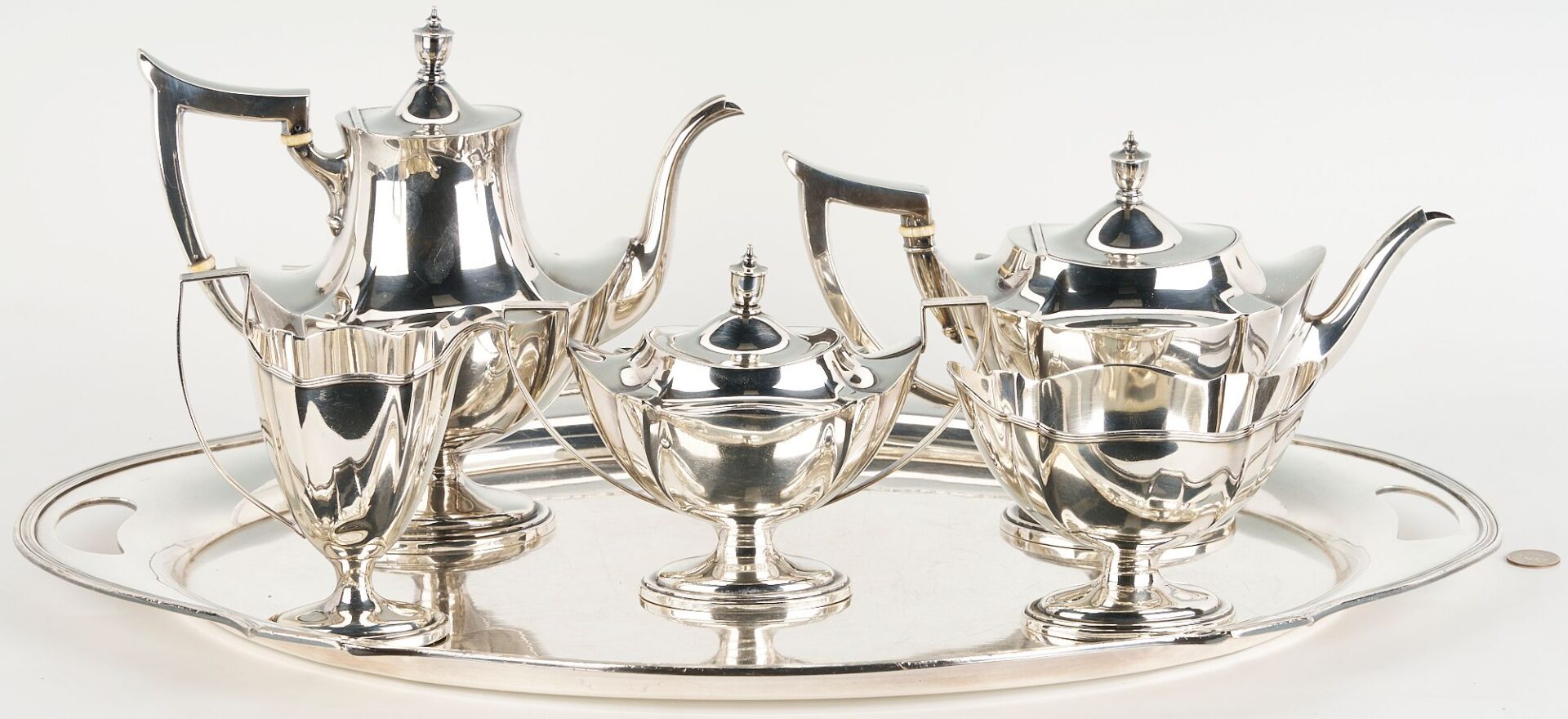 Lot 300: 5 pcs. Gorham Sterling Tea Service, Plus Silverplate Tray