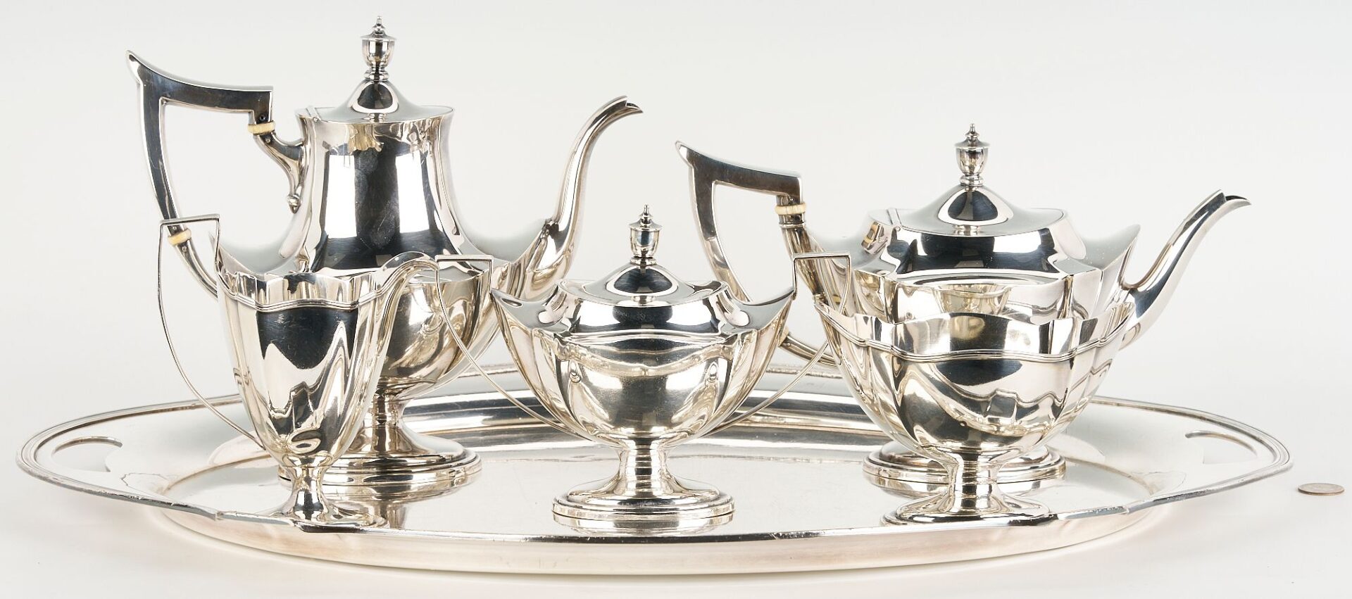 Lot 300: 5 pcs. Gorham Sterling Tea Service, Plus Silverplate Tray