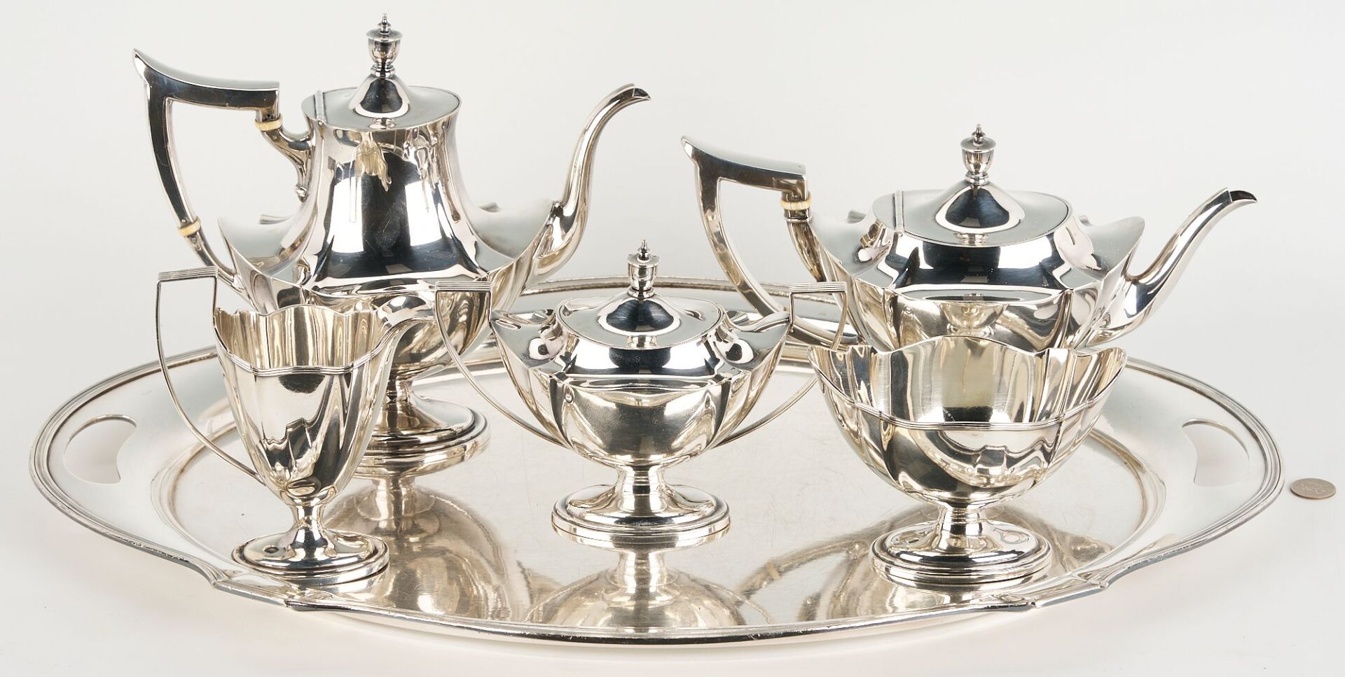 Lot 300: 5 pcs. Gorham Sterling Tea Service, Plus Silverplate Tray