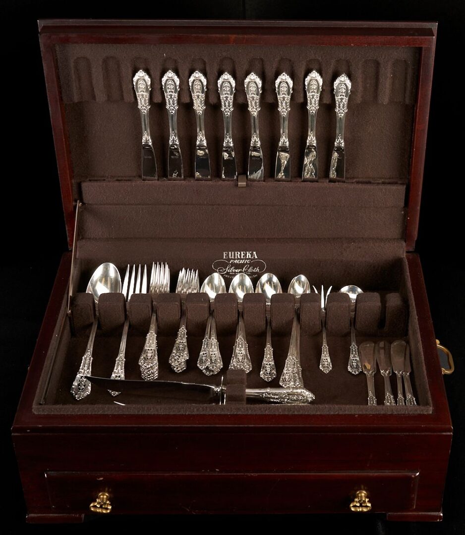Lot 304: 62 pcs. Wallace Rose Point Sterling Silver Flatware