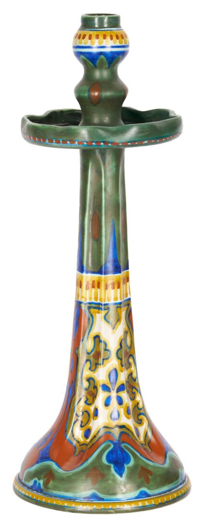 Lot 325: Pair Art Nouveau Gouda Candlesticks and Heintz Vase