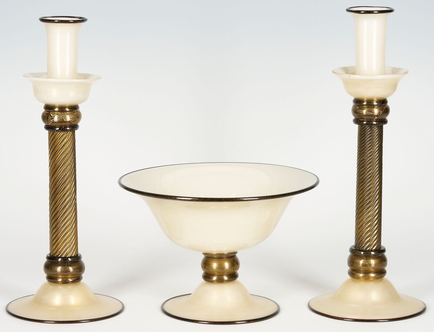 Lot 337: 3 Pcs. Alberto Dona Murano Glass, Bowl & Candlesticks