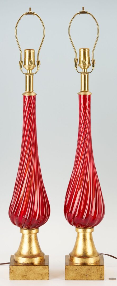 Lot 341: Pair MCM Red Murano Glass Table Lamps