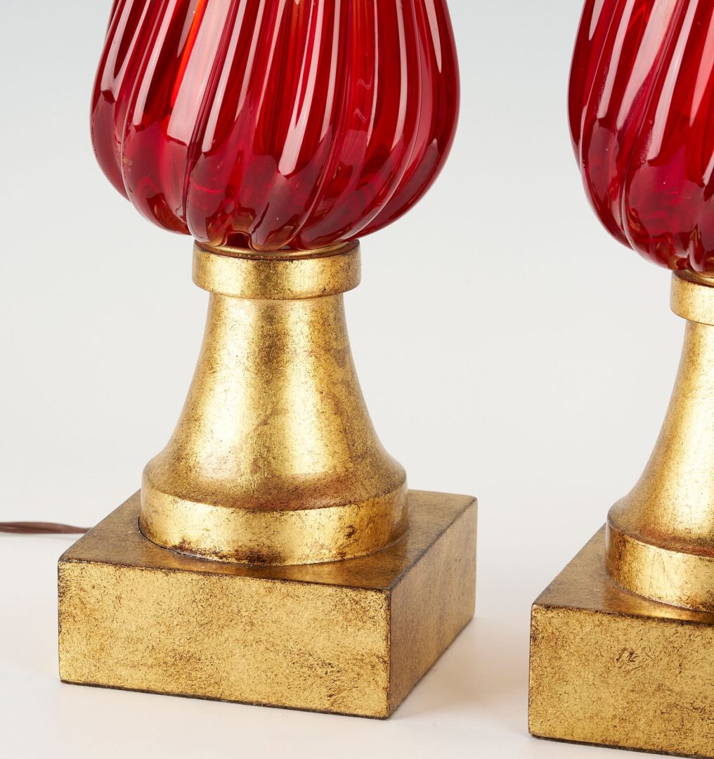 Lot 341: Pair MCM Red Murano Glass Table Lamps