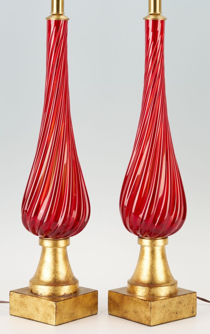 Lot 341: Pair MCM Red Murano Glass Table Lamps