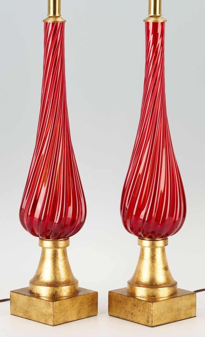 Lot 341: Pair MCM Red Murano Glass Table Lamps