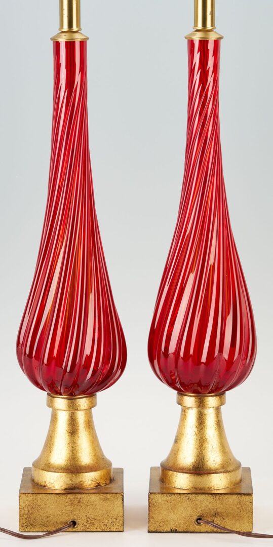 Lot 341: Pair MCM Red Murano Glass Table Lamps