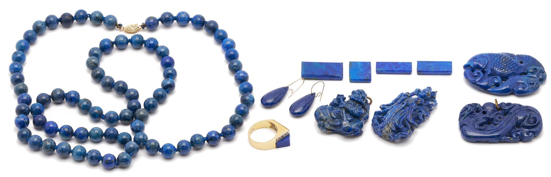 Lot 34: Lapis Beads, 18K Ring, Pendants and Earrings