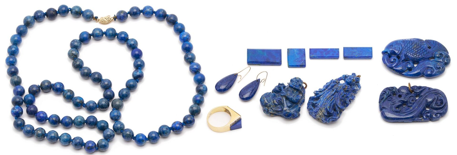 Lot 34: Lapis Beads, 18K Ring, Pendants and Earrings
