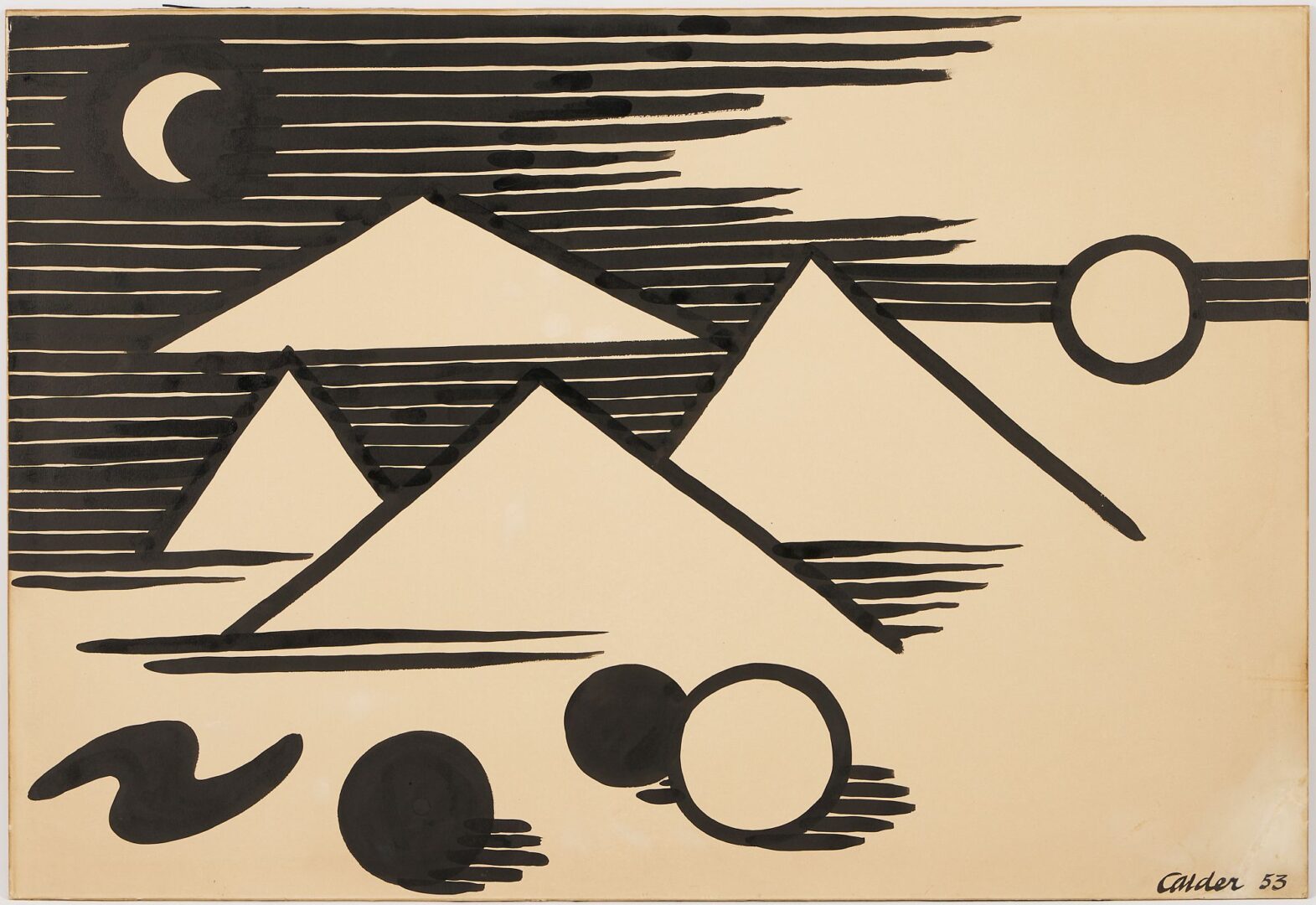 Lot 363: Alexander Calder Ink Painting, Landscape w/ Pyramids & Moon, 1953