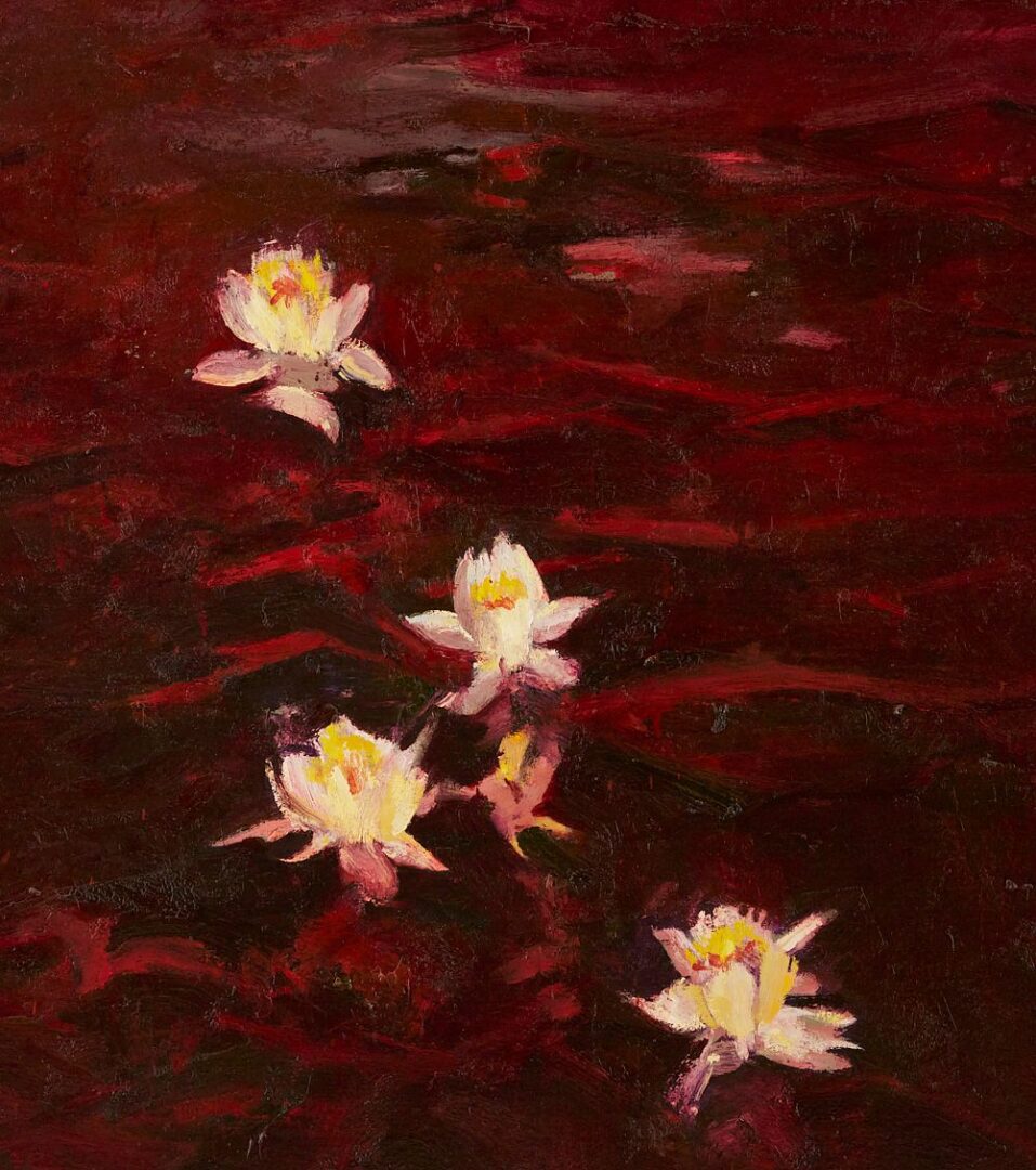 Lot 372: John Alexander O/C, Water Lilies, Deep Red