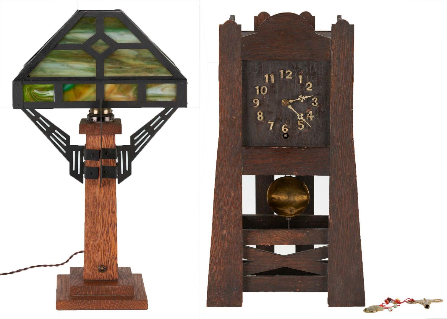 Lot 389: Arts & Crafts Style Table Lamp & Table Clock, 2 items