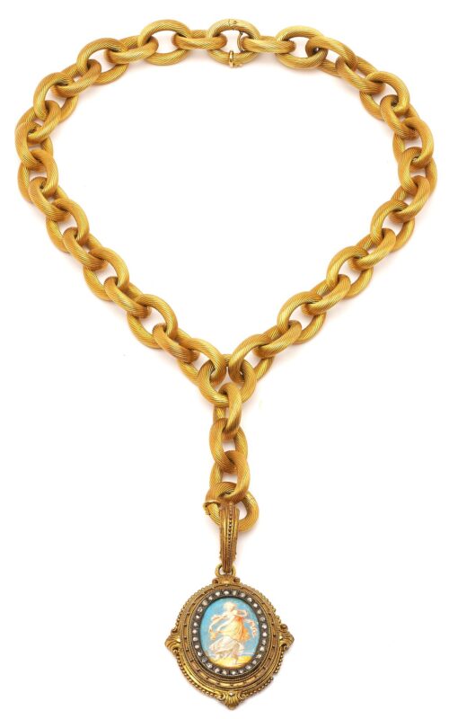 Lot 38: 18K Choker Style Link Necklace w/ 18K & Diamond Classical Pendant