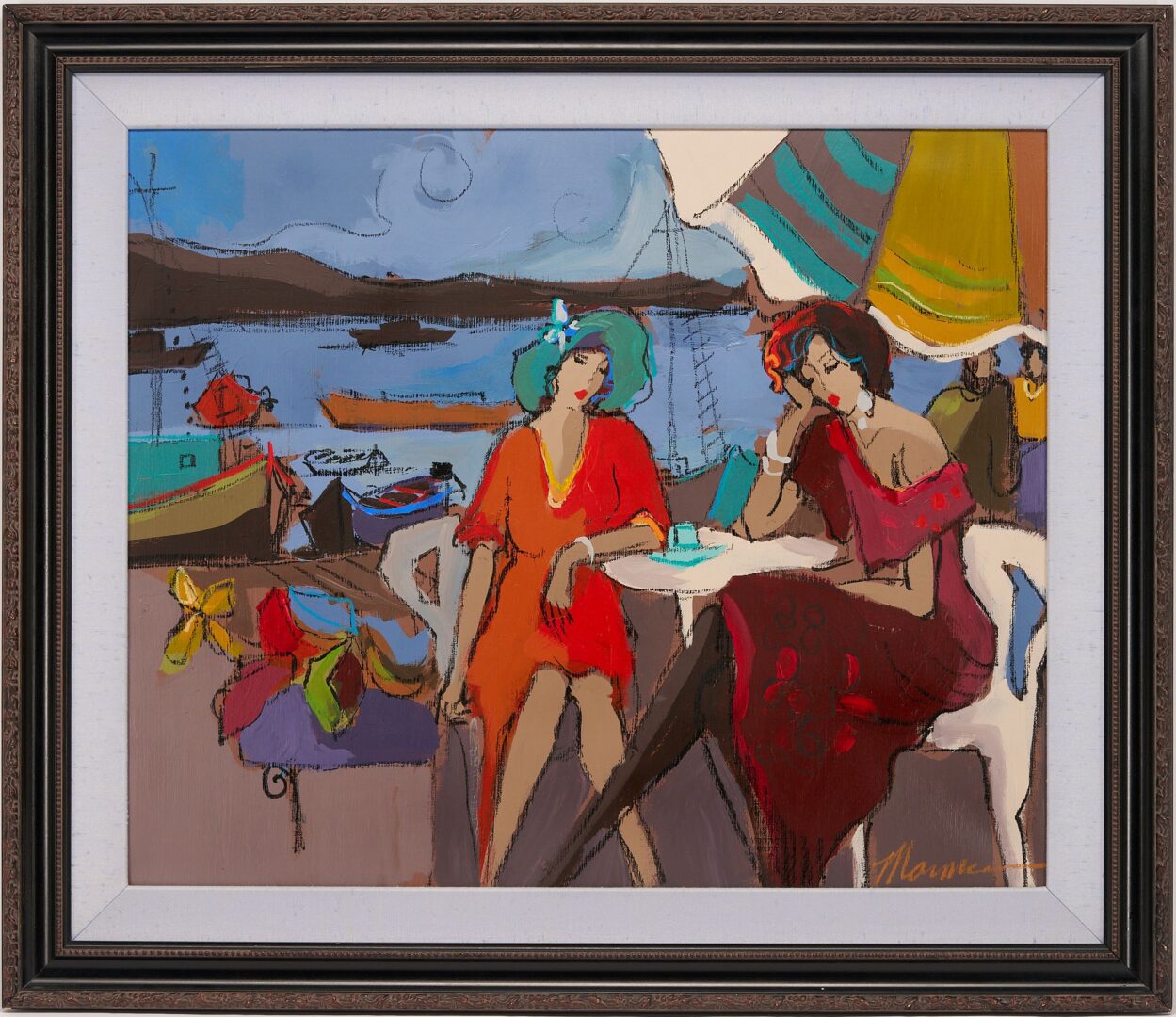 Lot 390: Isaac Maimon Acrylic Painting, Ladies at a Seaside Cafe